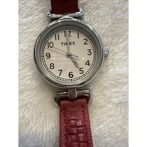 Timex Womens Silver Tone Watch‎ Red Genuine Leather Band Needs Battery